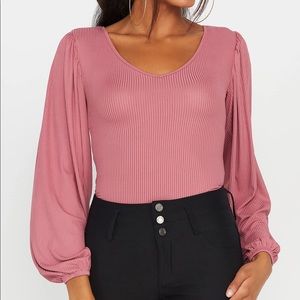 Stradivarius Rose Pink Ribbed V-scoop bodysuit